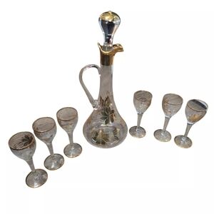 Gold Floral Rare Vintage Romanian Glass Decanter And Six Goblets